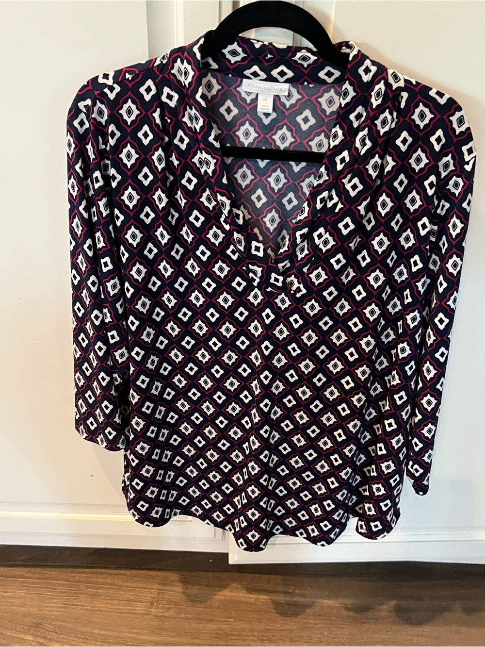Charming Patterned V-Neck Blouse - Navy, White & Burgundy